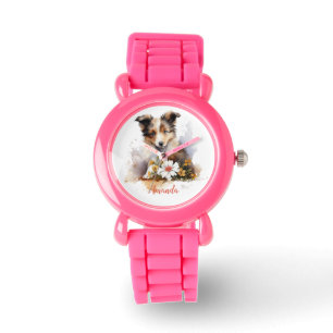 Reloj De Pulsera Shetland Sheepdog Puppy Mascota Flor acuática