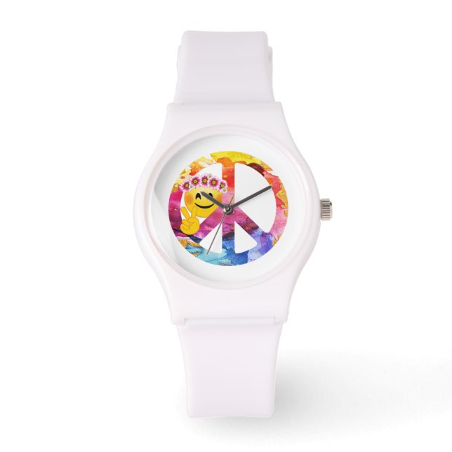 Reloj De Pulsera Signo de paz, arte hippie emoticono acuarela (Anverso)