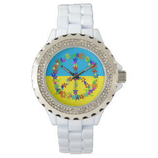 Reloj De Pulsera Signo de paz con flores, botón de bandera ucranian