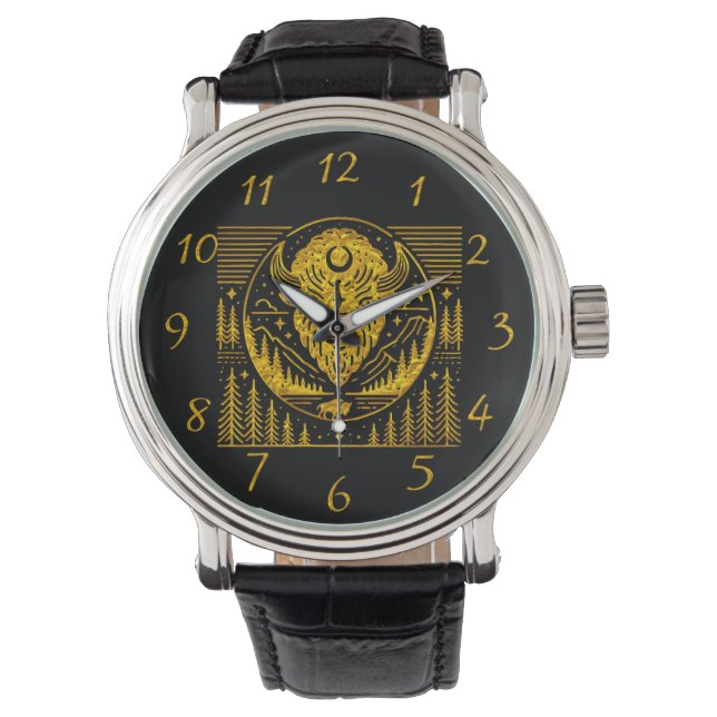 Reloj De Pulsera Silhouette Bison Head contra fondo de montaña (Anverso)