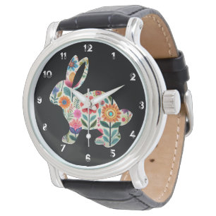 Reloj De Pulsera Silhouette de conejito de Pascua floreciente en Bl