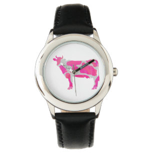 Reloj De Pulsera Silueta blanca y rosa caliente de vaca