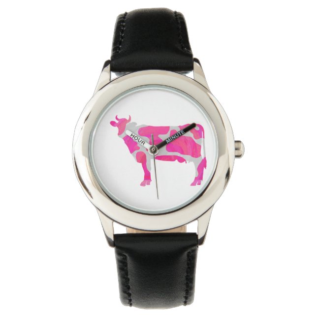 Reloj De Pulsera Silueta blanca y rosa caliente de vaca (Anverso)