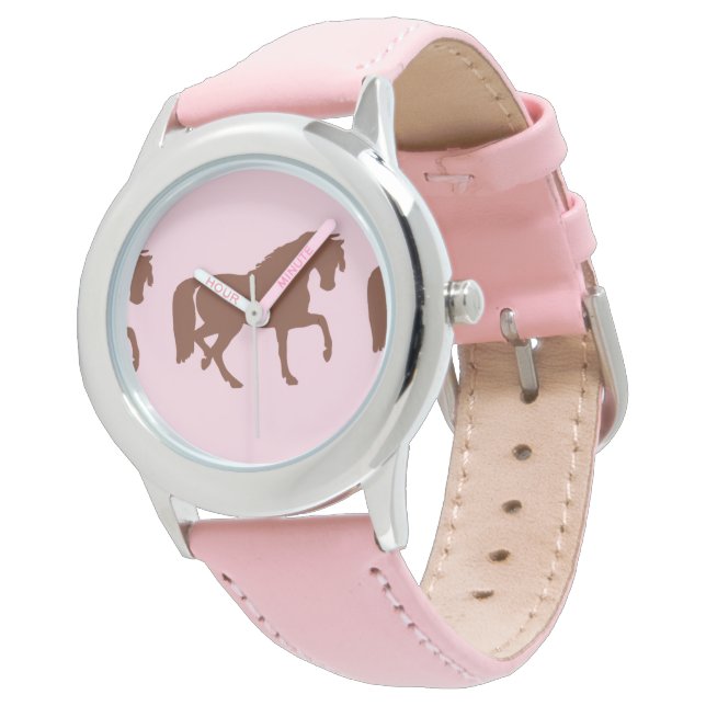 Reloj De Pulsera Silueta de caballo marrón sobre rosa (Angular)