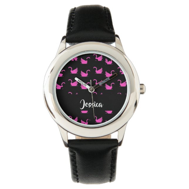 Reloj De Pulsera Silueta de cisnes rosados sobre negro (Anverso)