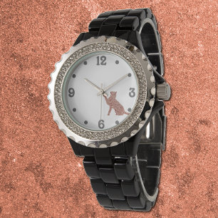 Reloj De Pulsera silueta de gato de aspecto dorado Rosa