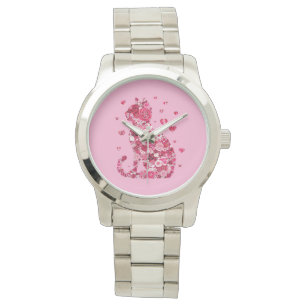 Reloj De Pulsera Silueta de gato floral ArtFaux tela envuelta