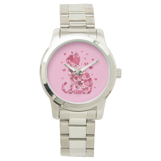 Reloj De Pulsera Silueta de gato floral ArtFaux tela envuelta (Anverso)