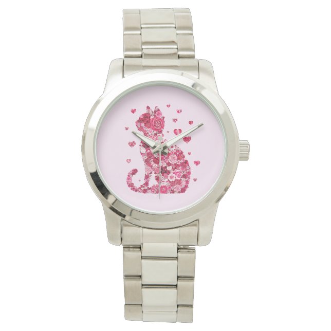 Reloj De Pulsera Silueta de gato floral ArtFaux tela envuelta (Anverso)