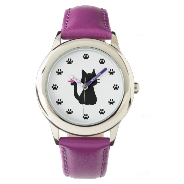 Reloj De Pulsera Silueta de gato negro mariposa rosa (Anverso)