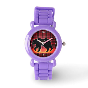 Reloj De Pulsera Silueta De Oso Negro Sobre Plantas Rojas