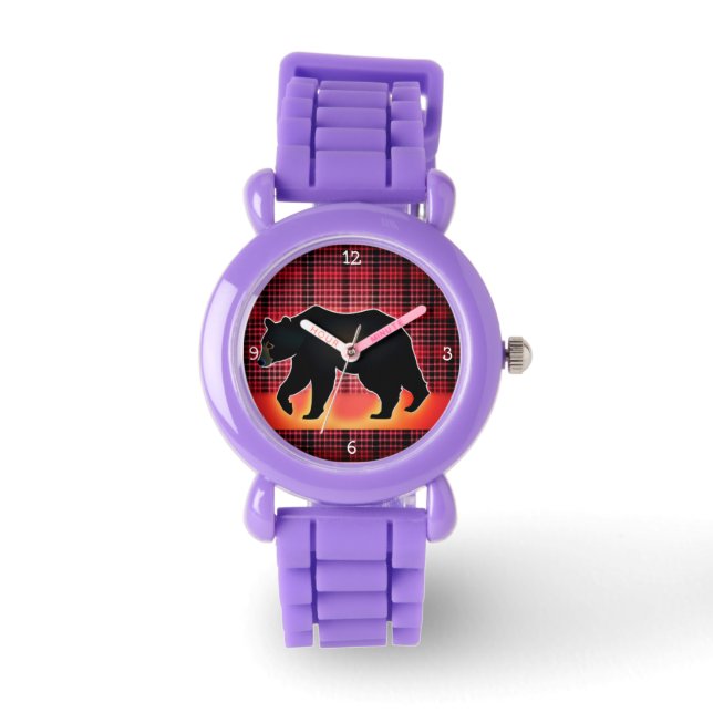 Reloj De Pulsera Silueta De Oso Negro Sobre Plantas Rojas (Anverso)