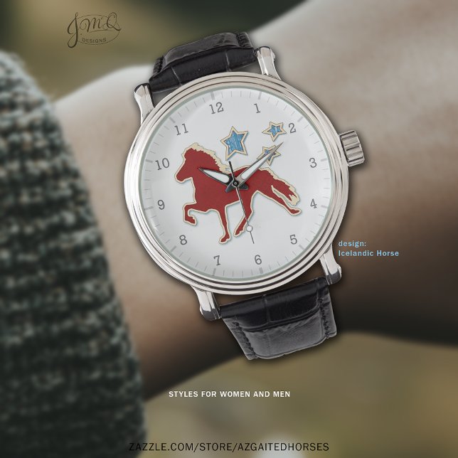 Reloj De Pulsera Silueta roja islandesa de caballo con estrellas (Red Icelandic Horse silhouette watch with stars 🐎✨)