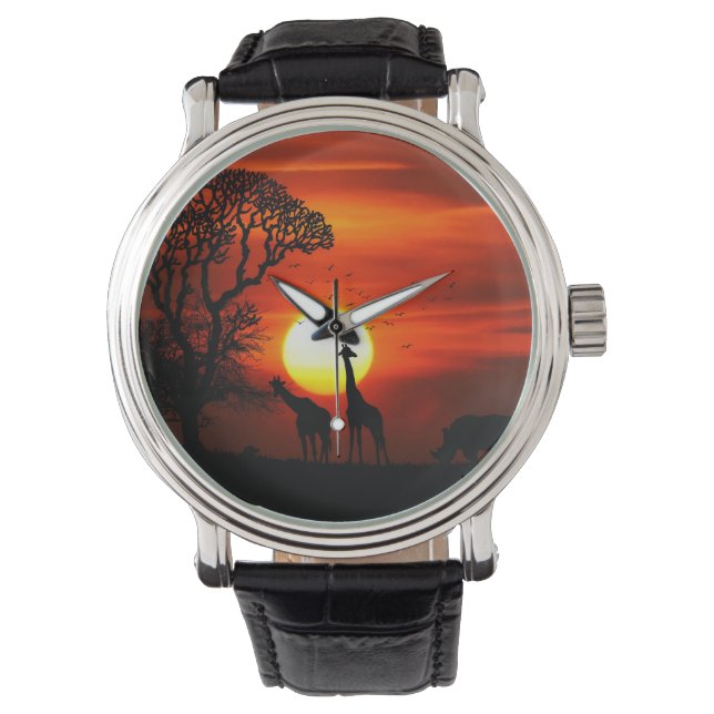 Reloj De Pulsera Siluetas de animales de la puesta de sol de Safari (Anverso)