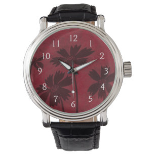Reloj De Pulsera Siluetas de Flowerhead en fondo carmesí