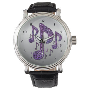 Reloj De Pulsera Silver Purple Sparkle Music Notes Writing Watch