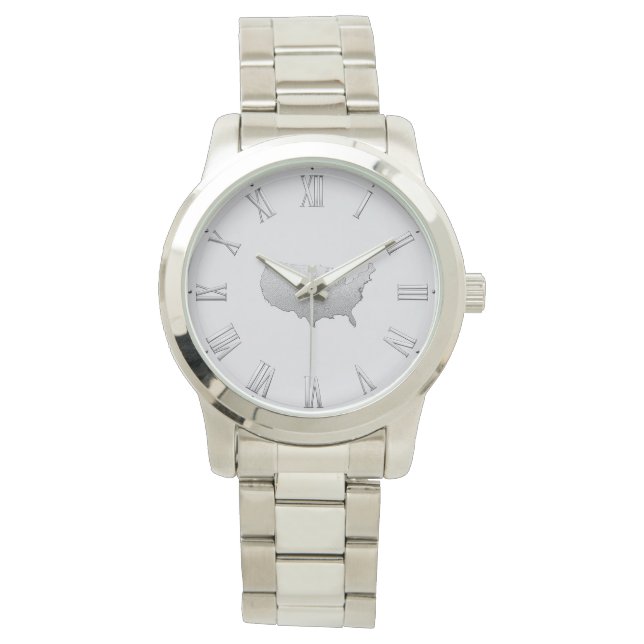 Reloj De Pulsera Silver USA Map with Roman Numerals – Elegant Jewel (Anverso)