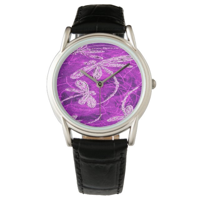 Reloj De Pulsera Silvery Dragonflies en el cielo mágico de Magenta (Anverso)