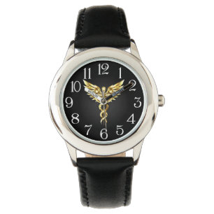 Reloj De Pulsera Símbolo Caduceo Poligonal Dorado