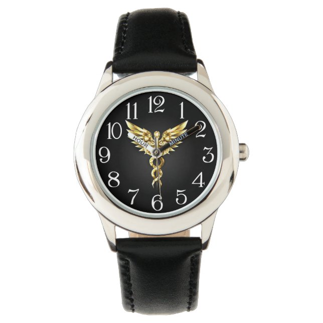 Reloj De Pulsera Símbolo Caduceo Poligonal Dorado (Anverso)