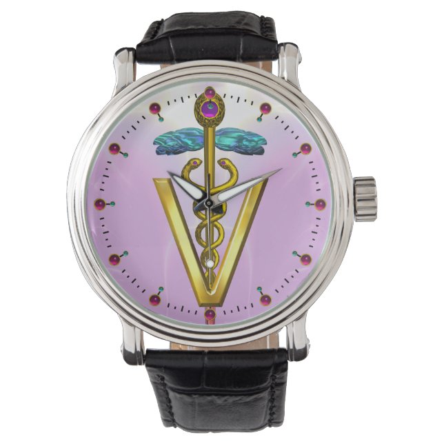 Reloj De Pulsera SÍMBOLO del CADUCEO DE ORO/rosa VETERINARIOS, lila (Anverso)