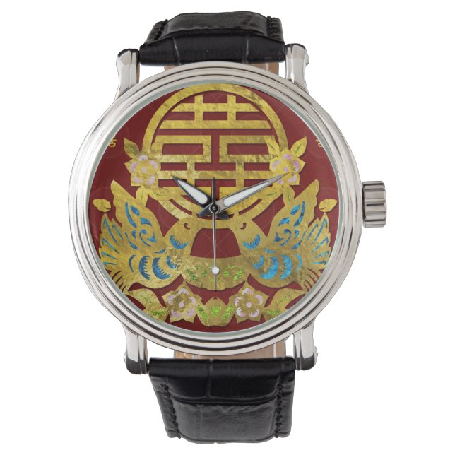 Reloj De Pulsera Símbolo dorado de la felicidad doble con aves (Anverso)