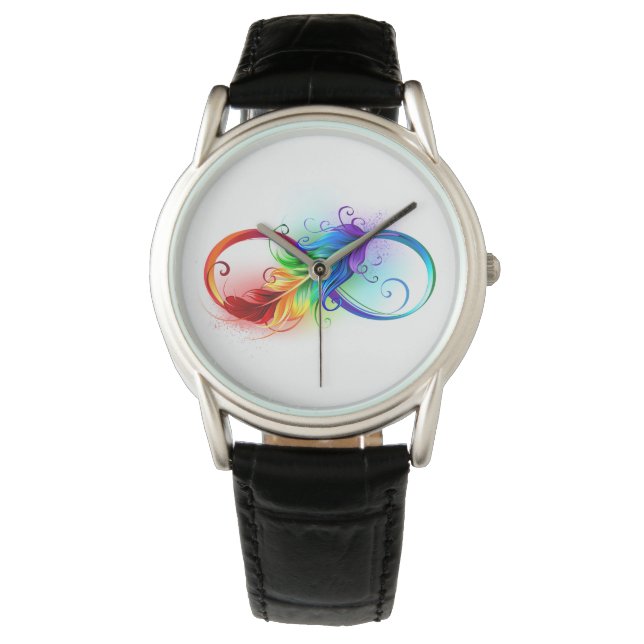 Reloj De Pulsera Símbolo infinito con plumas arcoiris (Anverso)