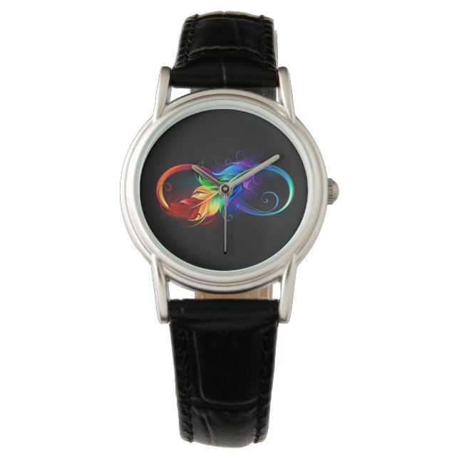 Reloj De Pulsera Símbolo infinito con plumas arcoiris (Anverso)