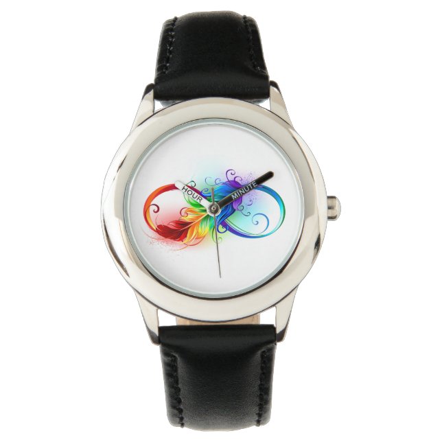 Reloj De Pulsera Símbolo infinito con plumas arcoiris (Anverso)