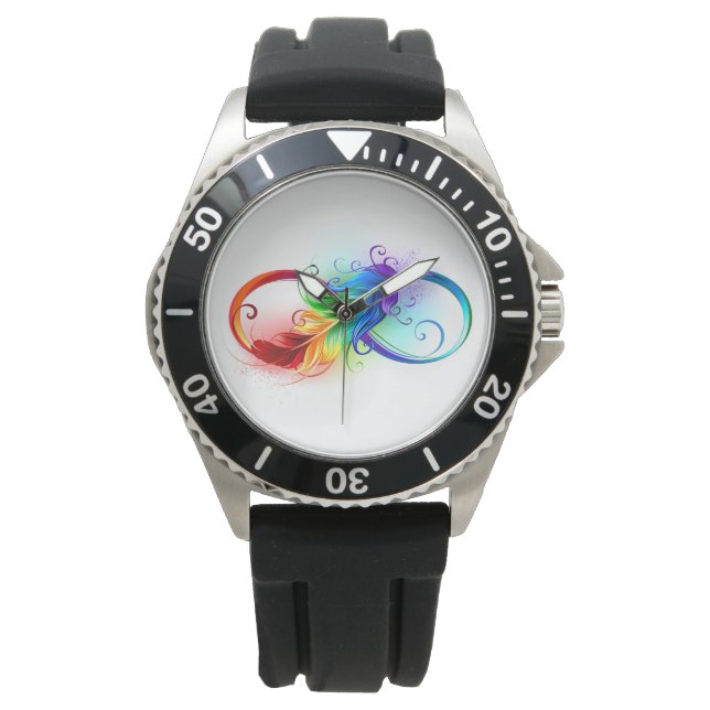 Reloj De Pulsera Símbolo infinito con plumas arcoiris (Anverso)
