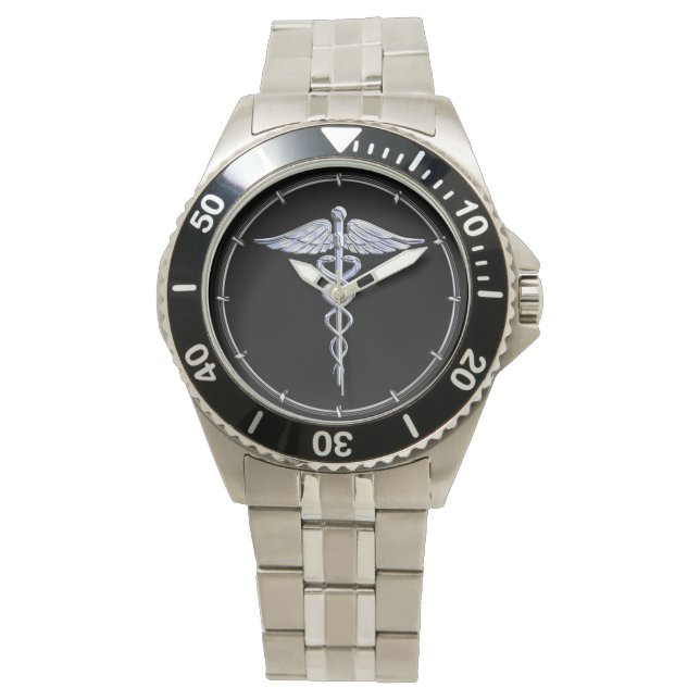 Reloj De Pulsera Símbolo médico de Caduceus sobre negro (Anverso)