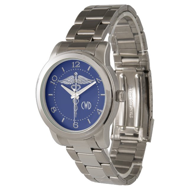 Reloj De Pulsera Símbolo médico monocromo estilo cromo sobre azul m (Angular)