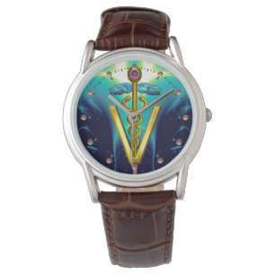Reloj De Pulsera SÍMBOLO VETERINARIO CADUCEO DE ORO / Aqua Blue,Ver