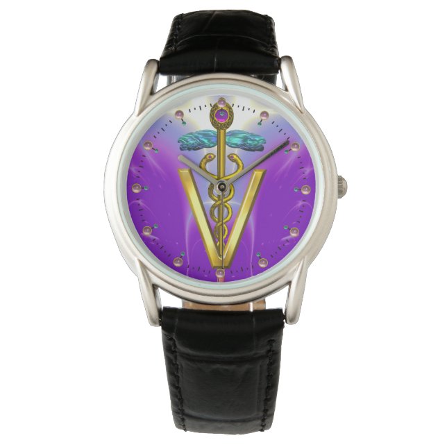 Reloj De Pulsera SÍMBOLO VETERINARIO CADUCEO DE ORO / Púrpura (Anverso)