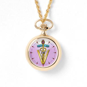 Reloj De Pulsera SÍMBOLO VETERINARIO CADUCEO DE ORO / rosado,Lilac