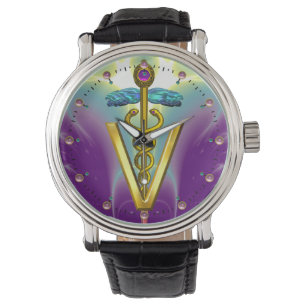 Reloj De Pulsera SÍMBOLO VETERINARIO CADUCEO DE ORO / Verde Púrpura