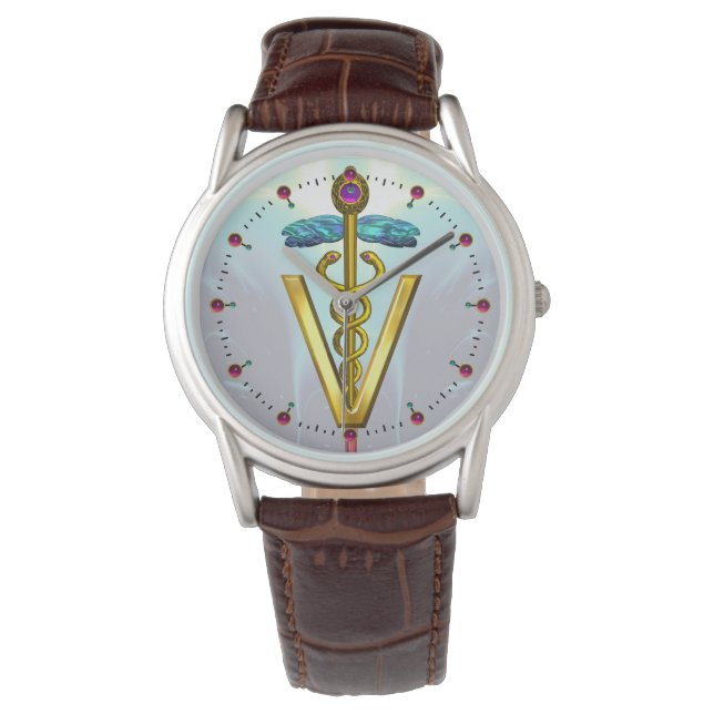 Reloj De Pulsera SÍMBOLO VETERINARIO CADUCEUS DE ORO / Azul Aqua (Anverso)
