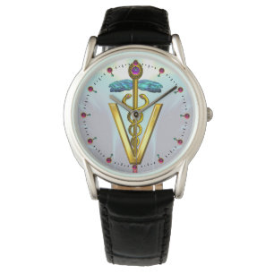 Reloj De Pulsera SÍMBOLO VETERINARIO CADUCEUS DE ORO / Azul Aqua