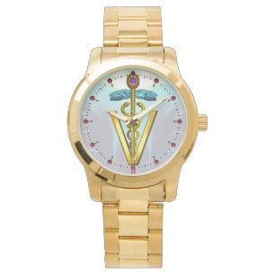 Reloj De Pulsera SÍMBOLO VETERINARIO CADUCEUS DE ORO / Azul Aqua