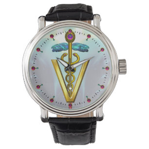 Reloj De Pulsera SÍMBOLO VETERINARIO CADUCEUS GOLDEN Aqua Blue