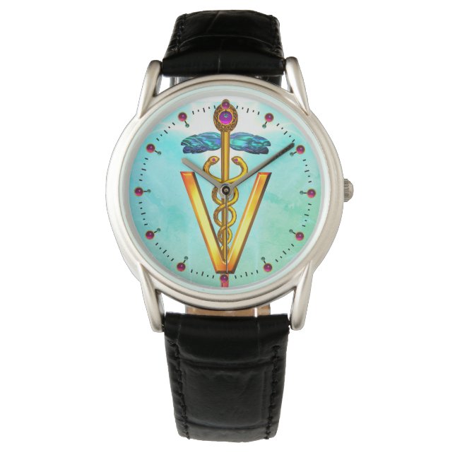 Reloj De Pulsera SÍMBOLO VETERINARIO CADUCEUS GOLDEN Aqua Blue Gree (Anverso)