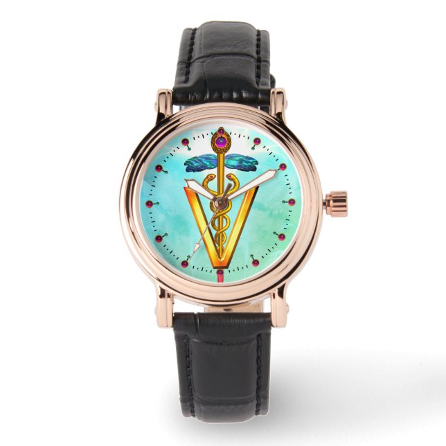 Reloj De Pulsera SÍMBOLO VETERINARIO CADUCEUS GOLDEN Aqua Blue Gree (Anverso)