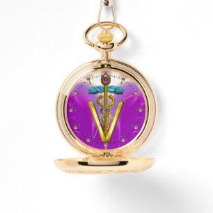 Reloj De Pulsera SÍMBOLO VETERINARIO CADUCEUS GOLDEN / Fuchsia Púrp