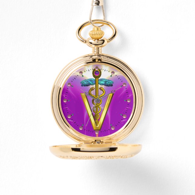 Reloj De Pulsera SÍMBOLO VETERINARIO CADUCEUS GOLDEN / Fuchsia Púrp (Anverso)
