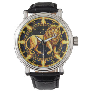 Reloj De Pulsera Símbolo zodiacal de Leo sobre fondo estrellado cel