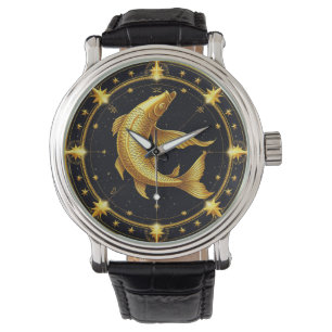 Reloj De Pulsera Símbolo zodiacal de Piscis dorado rodeado de estre