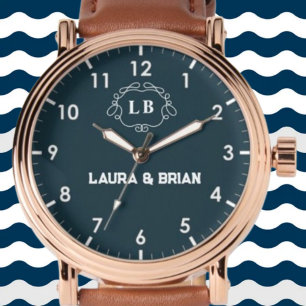 Reloj De Pulsera Simple Minimal navy blue Couple name Monogram
