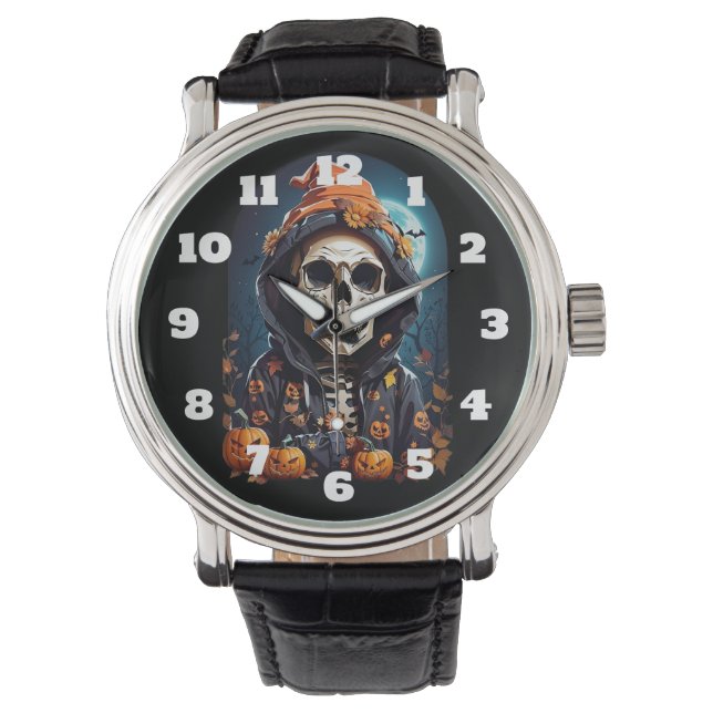 Reloj De Pulsera Skeleton y calabazas otoñales Halloween (Anverso)