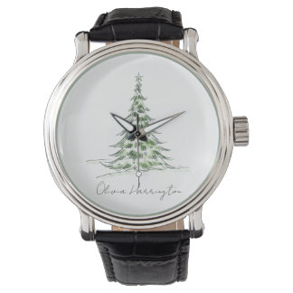 Reloj De Pulsera Sketch Pine Christmas Tree Minimal Script Name