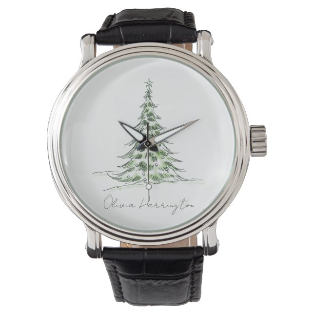 Reloj De Pulsera Sketch Pine Christmas Tree Minimal Script Name (Anverso)